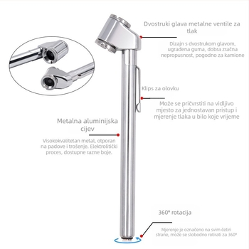 Dvostrani metalni manometar za tlak u gumama, SMT 1203, raspon 10–120 PSI, točnost 2 PSI, jedinice PSI/KPA/BAR, materijali: cinkovog legura, nehrđajući čelik, ABS, za automobile