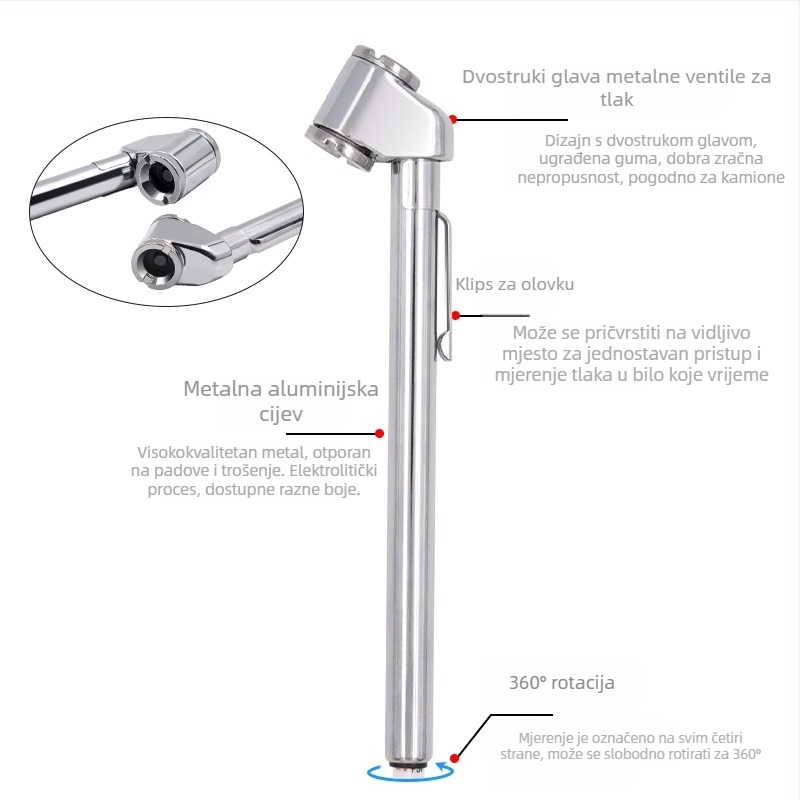 Dvostrani metalni manometar za tlak u gumama, SMT 1203, raspon 10–120 PSI, točnost 2 PSI, jedinice PSI/KPA/BAR, materijali: cinkovog legura, nehrđajući čelik, ABS, za automobile