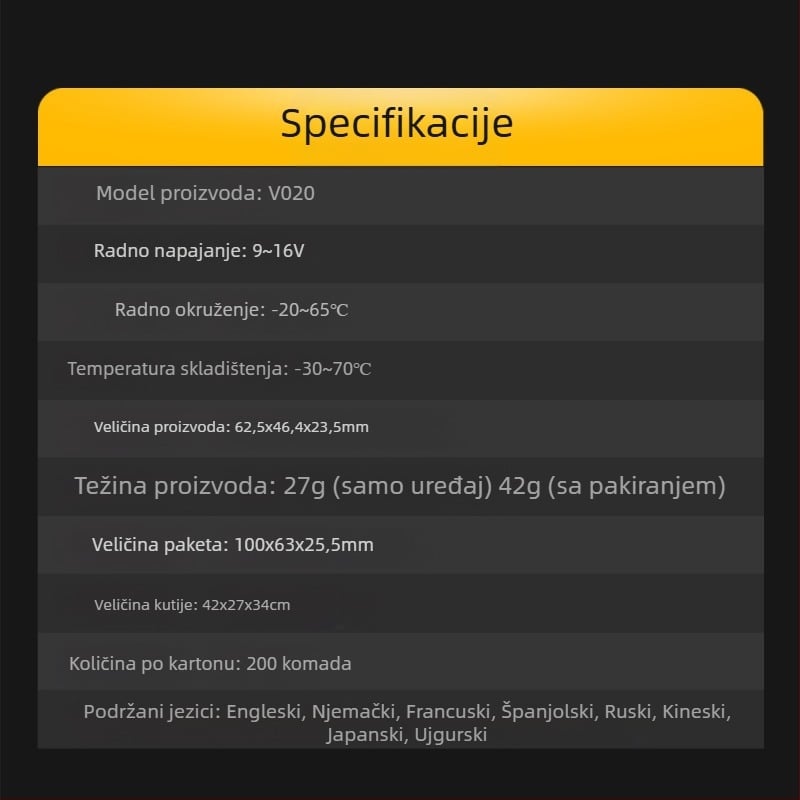 OBD2 alat za dijagnostiku motora, model V020, 9–16 V, -20° do 65°C, univerzalna kompatibilnost