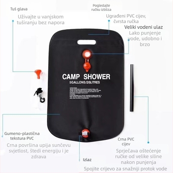 Vanjska sklopiva vreća za vodu sa sunčanim grijanjem, PVC, kapacitet 20 L, prenosni tuš i skladište vode