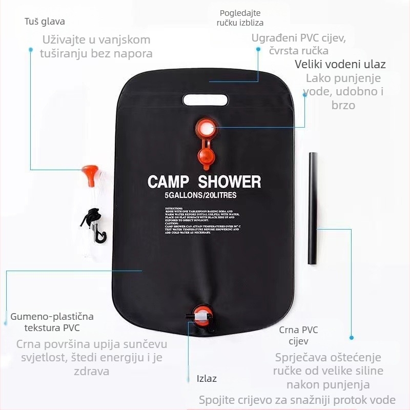 Vanjska sklopiva vreća za vodu sa sunčanim grijanjem, PVC, kapacitet 20 L, prenosni tuš i skladište vode