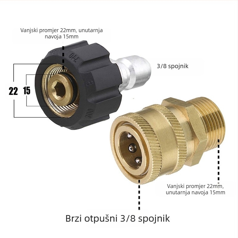 Set spojnika za crijevo visokog tlaka za vodeni pištolj, mesingani konektori, set adaptera, dvodijelan