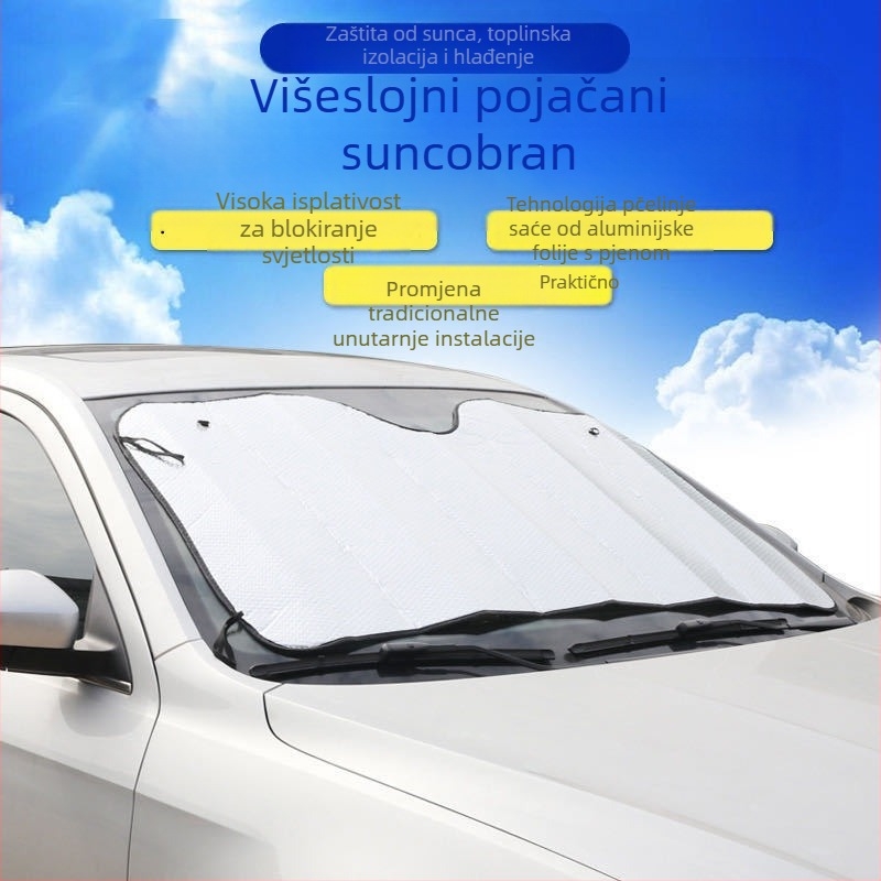Auto sjenilo za prednje staklo s aluminijskim filmom, montaža pomoću usisnih čašica, ispis logotipa, težina 0,48 kg