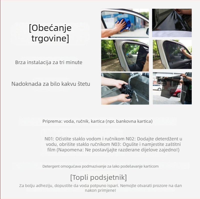 Automobilski elektrostatijski sjenilo film za prozore – PVC, ljepilo za montažu, tisak loga, težina 0,08 kg