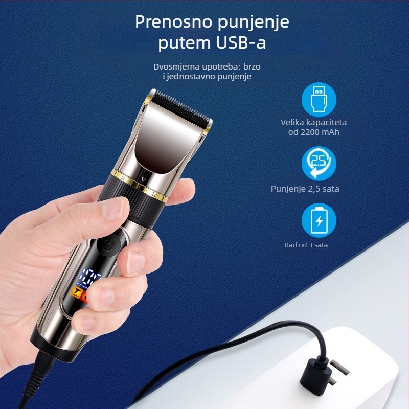 Električni uređaj za šišanje kose s keramičkom oštricom, periva glava, LCD zaslon, model 690A, radno vrijeme 1–3 sata