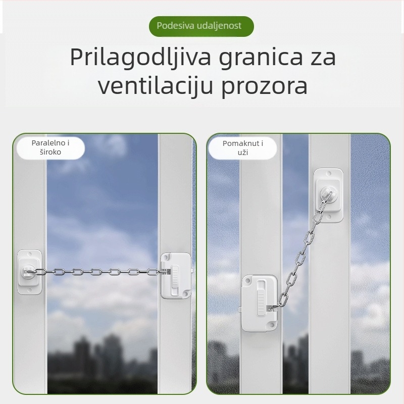 Višenamjenska sigurnosna zaštita za prozore i vrata s lancem, zaustivač vrata, instalacija bez bušenja, dječja sigurnost