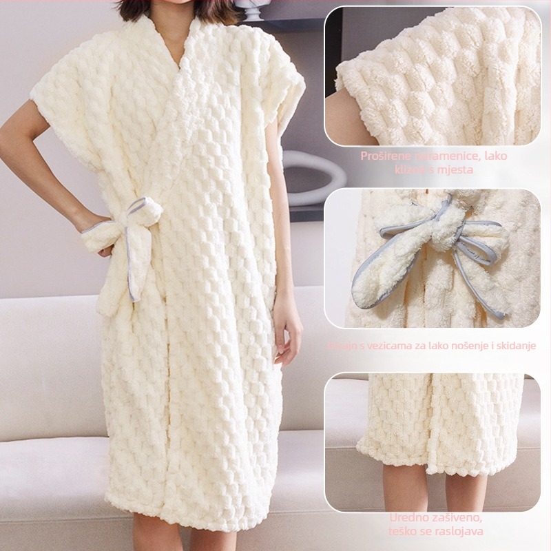 Ženski ogrtač za kupaonicu od koralnog fleksa, upijajući, glavna tkanina 80% poliester, težina 475 g, pogodan za jesen