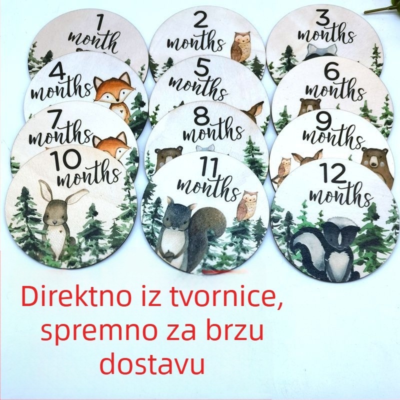 Drveni kružni diskovi za bebine milestone – s šumskim životinjama, rekviziti za fotografije po godini i mjesecu rođenja, dvostrani tisak