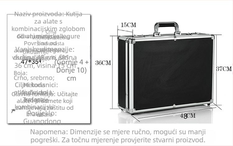 Kutija za alat s aluminijskim okvirom, ABS površinom, crna flanelna podstava, nosivost 8 kg