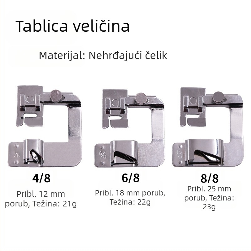 Set od tri presne stopice za šivaću mašinu — hemiranje i završna obrada rubova, veličine 4/8, 6/8, 8/8