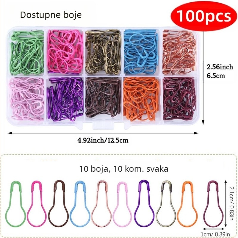 Šarene metalne igle za šivanje, set od 100 komada, 10 boja, dimenzije 22 x 10 mm, igle s etiketama za šivanje