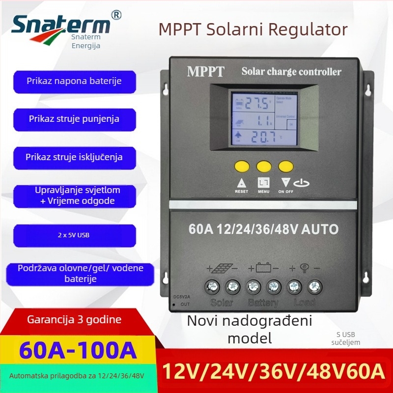 MPPT solarni regulator za punjenje, serija 100A/80A/60A, 12/24/36/48V, USB sučelje, potrošnja 1W