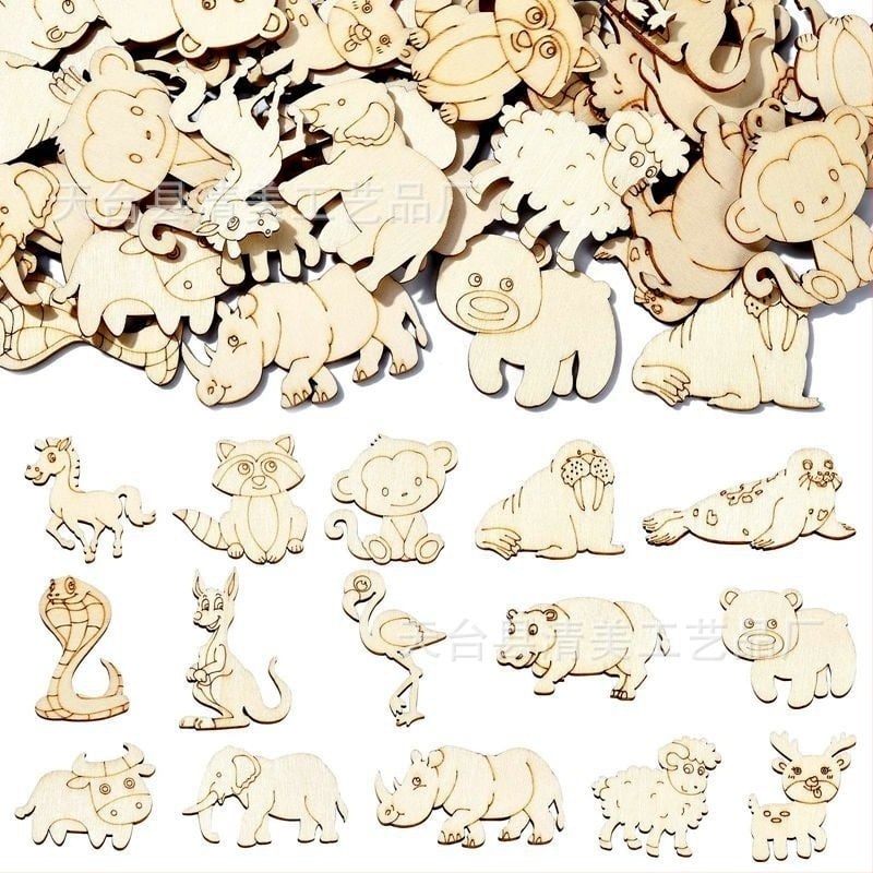 Nepoštene drvene skulpture životinja od lipove šperploče — oblici lisica, majmun, slon, ovca, jelen; pakiranje u PP vrećici; brend Blue and White; pogodan kao osobni dar; bez IP dozvole.