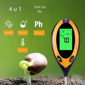 Četiri u jednom tester tla s mjerenjem vlage, pH, senzorom hranjivih tvari i termometrom; za vrtlarstvo i sadnju; težina 115 g