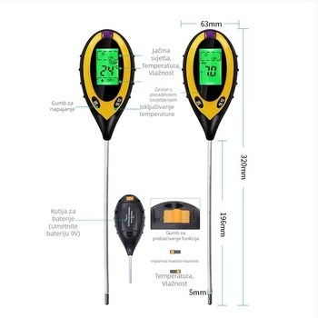 Četiri u jednom tester tla s mjerenjem vlage, pH, senzorom hranjivih tvari i termometrom; za vrtlarstvo i sadnju; težina 115 g