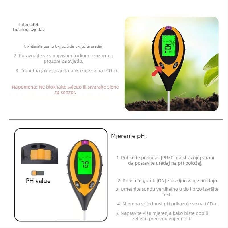 Četiri u jednom tester tla s mjerenjem vlage, pH, senzorom hranjivih tvari i termometrom; za vrtlarstvo i sadnju; težina 115 g