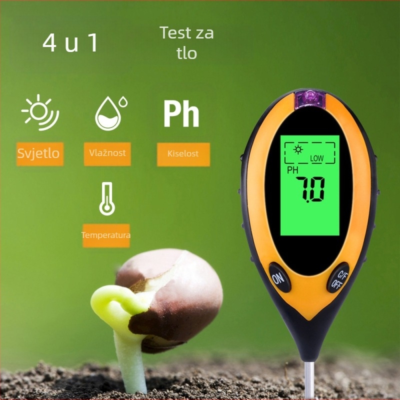 Četiri u jednom tester tla s mjerenjem vlage, pH, senzorom hranjivih tvari i termometrom; za vrtlarstvo i sadnju; težina 115 g