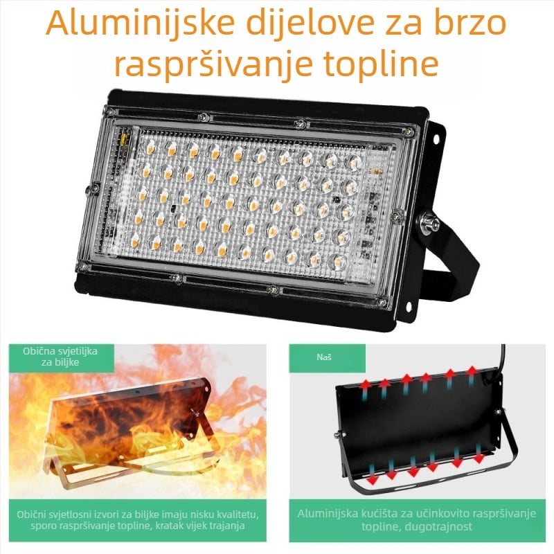 LED lampa za rast biljaka s punim spektrom, 50 LED-a, za staklenik, 220V, IP65, aluminijsko kućište, životni vijek 30000 sati