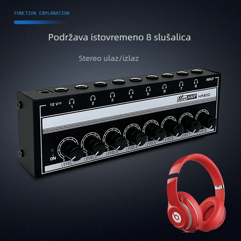 HA800 8-kanalni monitorni pojačivač za slušalice i razdjelnik signala, ulaz 1 / izlaz 8
