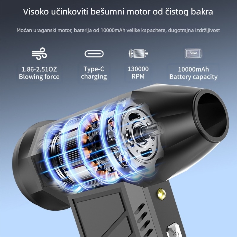 KD10 Ručni turbo puhač za vanjske uvjete – Brushless DC motor, 10W, 7.4V, 6 brzina protoka zraka, Zaštita od pregrijavanja