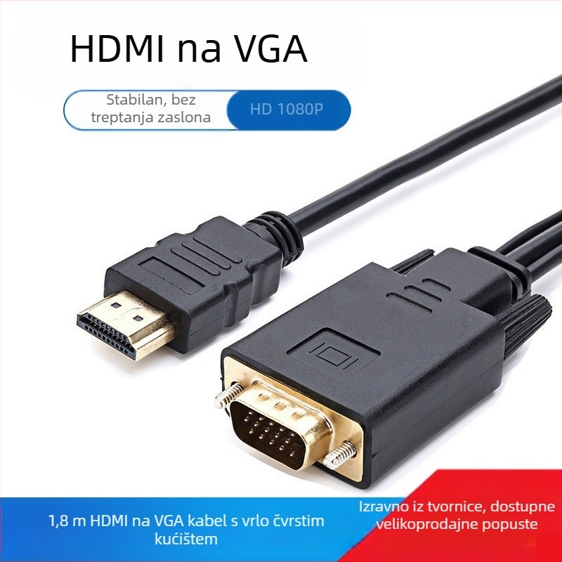 HDMI na VGA kabel za PC, duljine 1,8 m, zlatno presvučeni priključci, bakreni vodiči, podržava 1080p