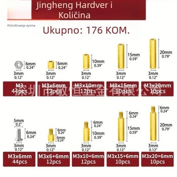 176-dijelni M3 mesingana hardverska zbirka s izolacijskim bakrenim stupovima, šesterokutnim maticama i vijcima