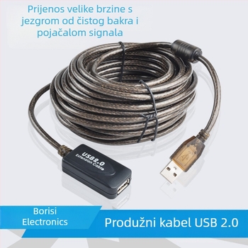USB 2.0 produžni kabel sa pojačivačem signala, muški na ženski, s čipom, pleteni kabel, duljina 10 m