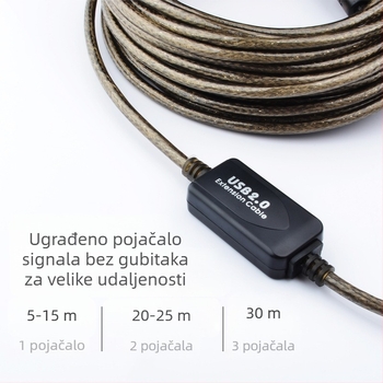USB 2.0 produžni kabel sa pojačivačem signala, muški na ženski, s čipom, pleteni kabel, duljina 10 m