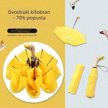 Automatski trodjelni sklopivi kišobran s drvenom drškom, okvir s 8 rebara, motiv crtane patke, otisnuti logo