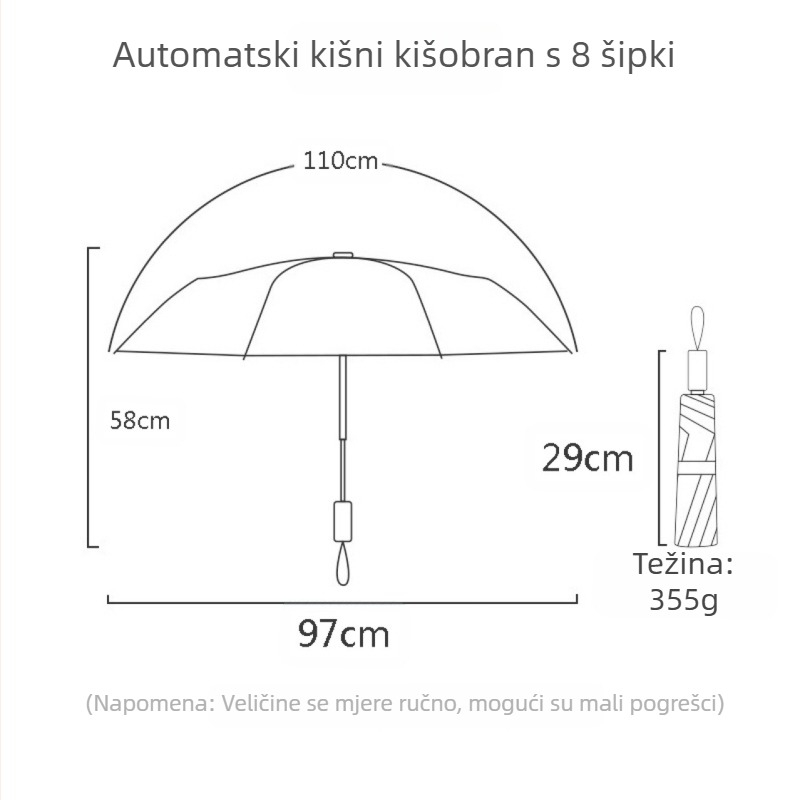 Kišobran s potpunim grafičkim otiskom (Poliester 190T, Željezna konstrukcija s 8 rebara, Radijus 62 cm ili više, Težina 680 g)