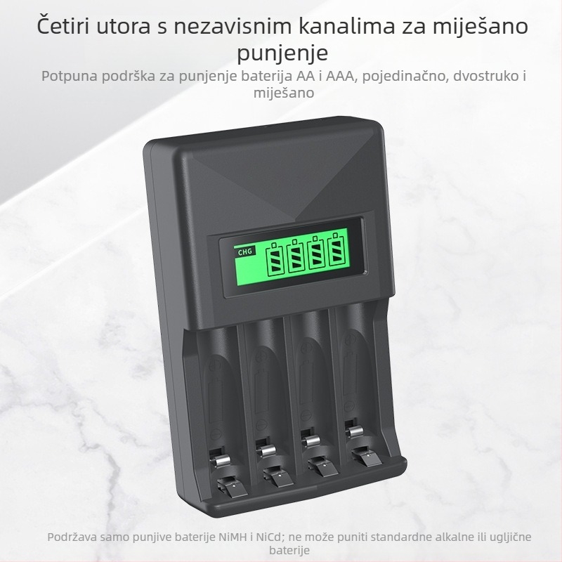 Ni-MH punjač za baterije, 4 utora, LCD zaslon, inteligentno brzo punjenje, za AA/AAA baterije, ulaz 5V 2A, izlaz 1.2V 1800mA