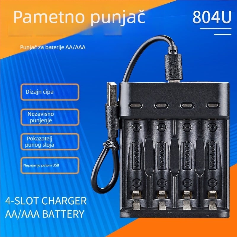 4-ure USB punjač za AA/AAA Ni-MH baterije, neovisni kanali za punjenje, CE ovjereno, ulaz 5V DC, izlaz 1.2V DC po ćeliji