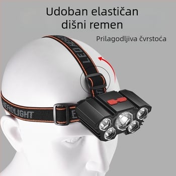 Punijiva čelna lampica s ugrađenom 18650 baterijom (1200 mAh), USB punjenje, COB izvor svjetla, 5 LED, ABS kućište, domet do 50 m