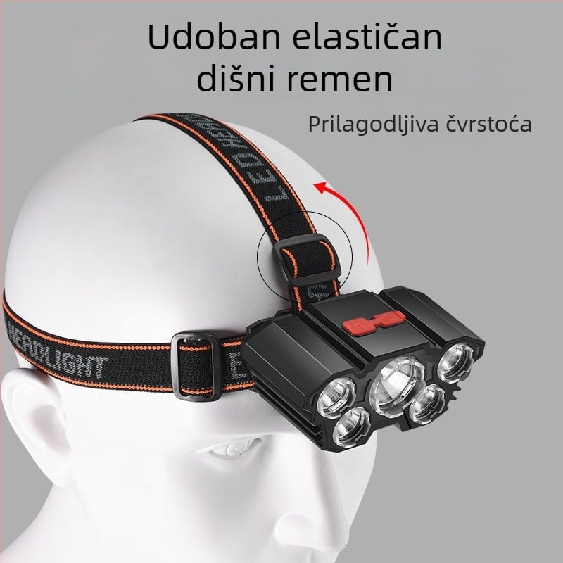 Punijiva čelna lampica s ugrađenom 18650 baterijom (1200 mAh), USB punjenje, COB izvor svjetla, 5 LED, ABS kućište, domet do 50 m