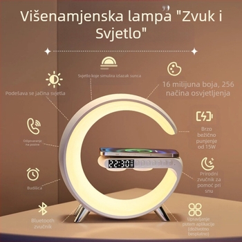 AI bežični Bluetooth zvučnik s bežičnim punjenjem, ambijentalnim osvjetljenjem, budilicom i stolnom lampom (Bluetooth 5.3; bežično punjenje; ugrađena baterija; budilica)