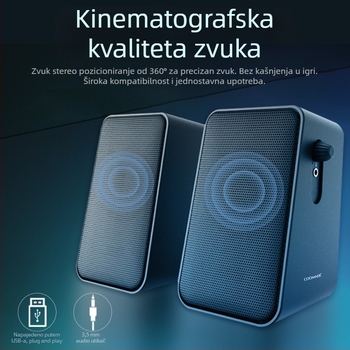 CO712 2.0 računala zvučnici za stolno i prijenosno računalo, USB + 3.5 mm ulaz, 60Hz-15kHz, 10W izlaz, SNR ≥75dB