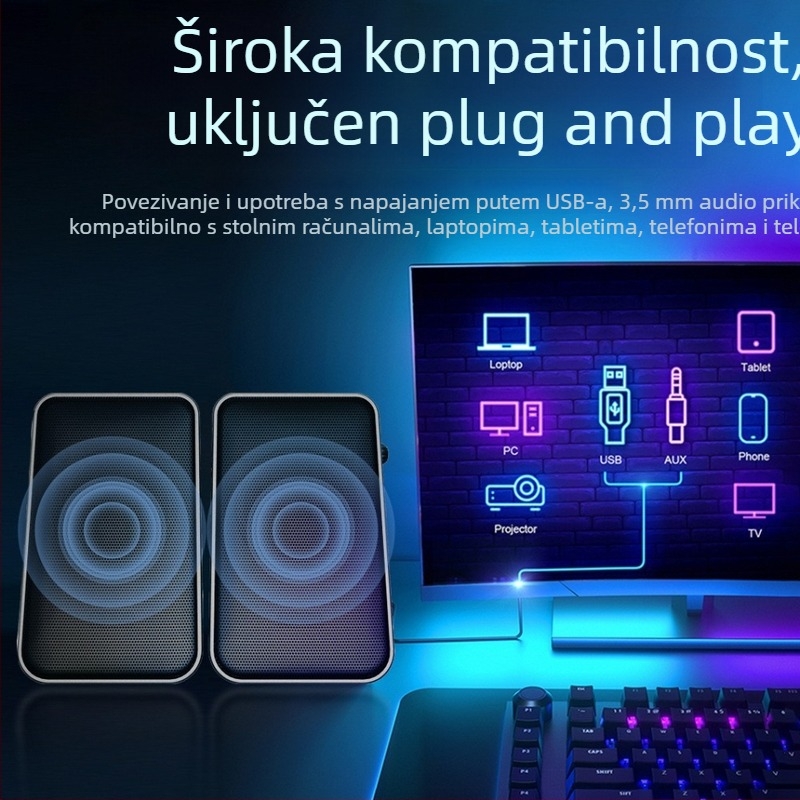 CO712 2.0 računala zvučnici za stolno i prijenosno računalo, USB + 3.5 mm ulaz, 60Hz-15kHz, 10W izlaz, SNR ≥75dB