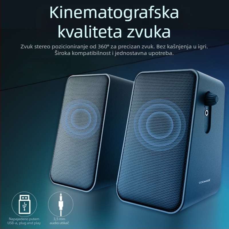 CO712 2.0 računala zvučnici za stolno i prijenosno računalo, USB + 3.5 mm ulaz, 60Hz-15kHz, 10W izlaz, SNR ≥75dB