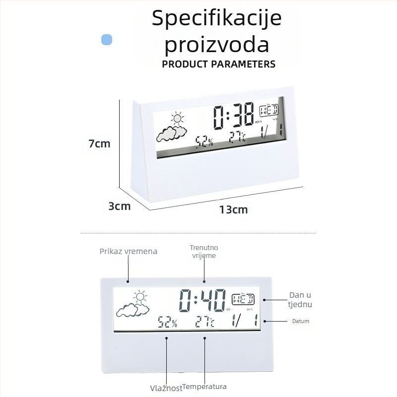 Budilnik s dvostrukim dizajnom, LED brojčani zaslon, termometar, vremenska prognoza i vječni kalendar