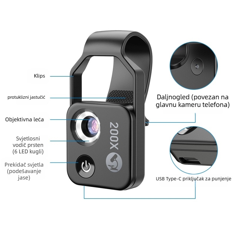 APEXEL ms002 Mikroskop za mobilni telefon s 200x povećanjem, LED svjetlo, CPL objektiv, HD prijenosna kamera za Apple iPhone