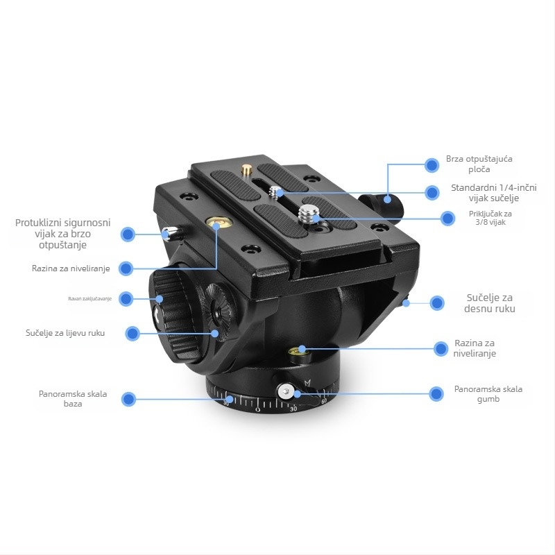 DSLR hidraulični gimbal stativ Q90 za fotografiju ptica i teleobjektivom, držač kamere 3/8-1/4 montaža • aluminijska legura • 360° horizontalno okretanje • 90° vertikalno okretanje • težina 0,99 kg
