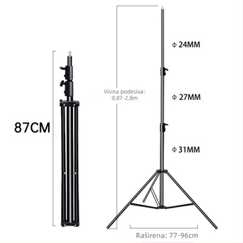 Fotografski stalak za lampu s držačem za mobitel, materijal: aluminijska legura + željezo + plastika; nosivost 10 kg; broj segmenata 3; promjer cijevi 24/27/31 mm; težina 1,5 kg