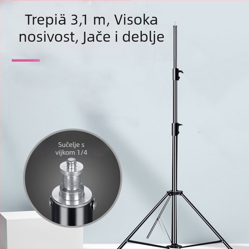 Fotografski stalak za lampu s držačem za mobitel, materijal: aluminijska legura + željezo + plastika; nosivost 10 kg; broj segmenata 3; promjer cijevi 24/27/31 mm; težina 1,5 kg