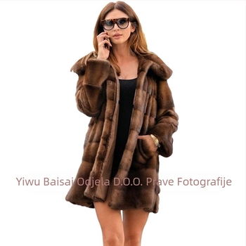 Ženski kaput od umjetnog krzna, srednja duljina, kapuljača, dugi rukavi, elegantan stil