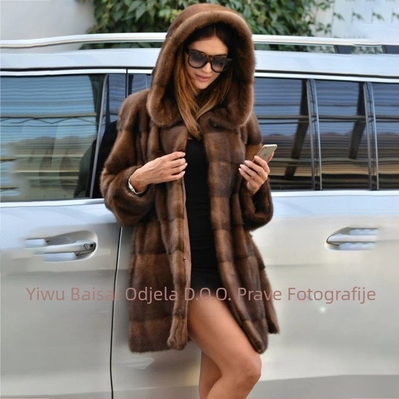 Ženski kaput od umjetnog krzna, srednja duljina, kapuljača, dugi rukavi, elegantan stil