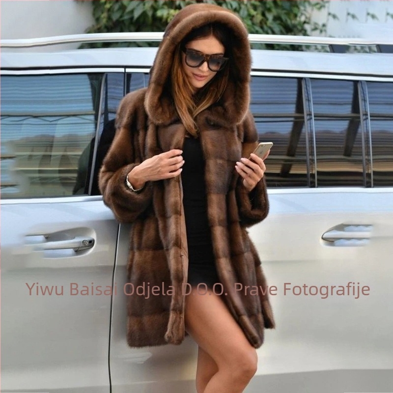 Ženski kaput od umjetnog krzna, srednja duljina, kapuljača, dugi rukavi, elegantan stil