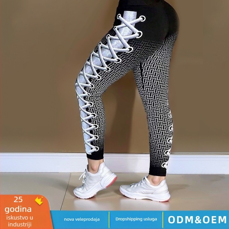 Ženske joge hlače s visokim strukom, elastični pojas, podizanje bokova, tijesan kroj, geometrijski uzorak, materijal: imitacija pamuka-poliester (80-90% poliestera)