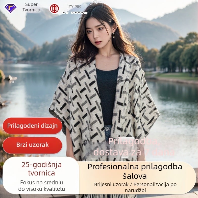 Šal-poncho s resama – elegantan društveni stil; prorez (poliester; jesen zima; pleteni; žakard)