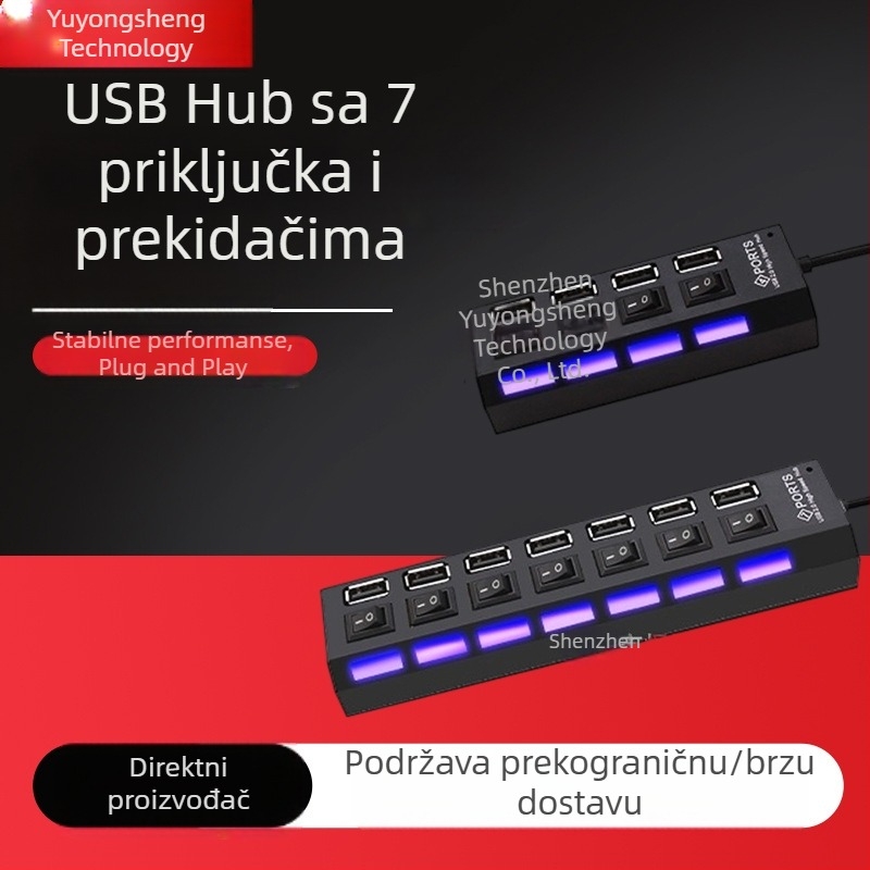 7-portni USB 2.0 hub sa prekidačem, napajan bez vanjskog napajanja, 480 Mbps
