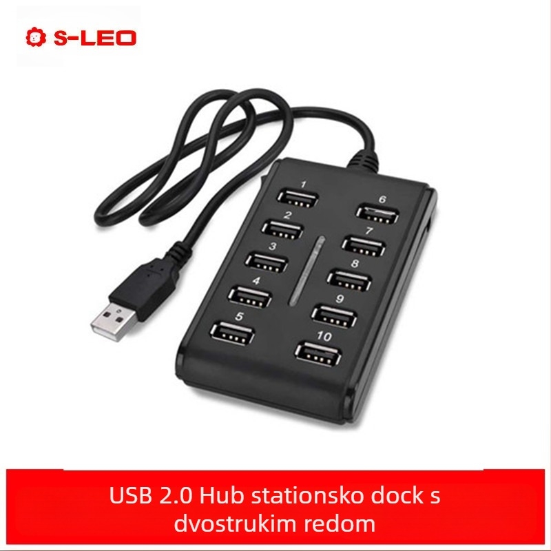 USB 2.0 hub docking stanica, 10 portova, dvostruki red, s prekidačem, napajanje izvan mreže
